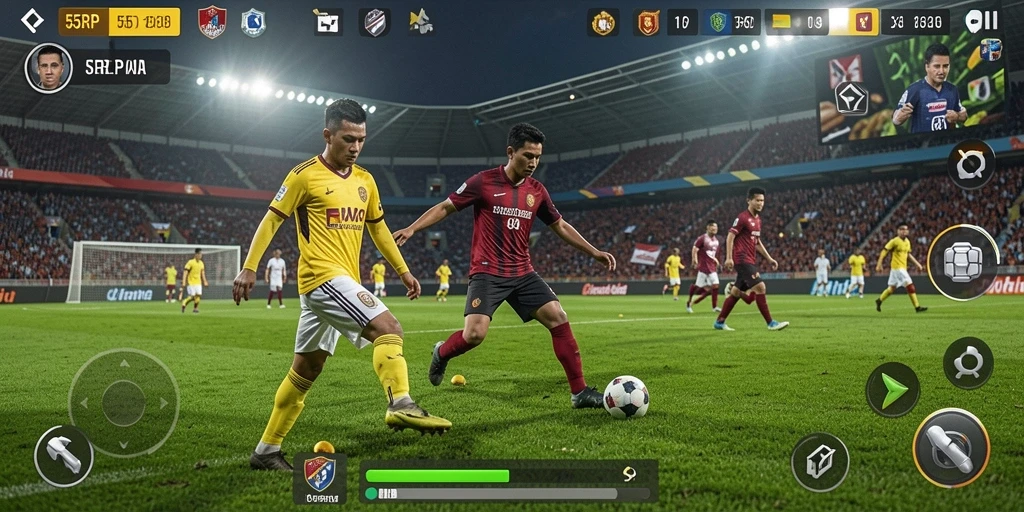Gameplay 55RP yang menarik dengan aksi sepak bola seru.