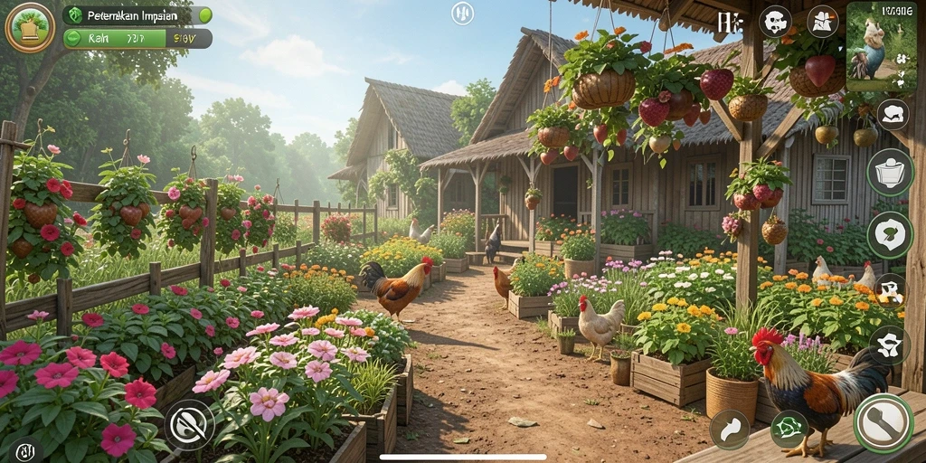 Screenshot gameplay yang menunjukkan keseruan bertani di 73K.