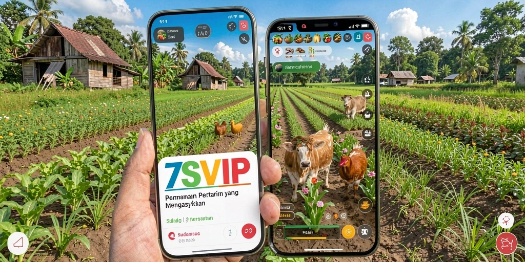 Screenshot gameplay 7SVIP menampilkan pertanian yang subur dan tanaman yang berkembang.