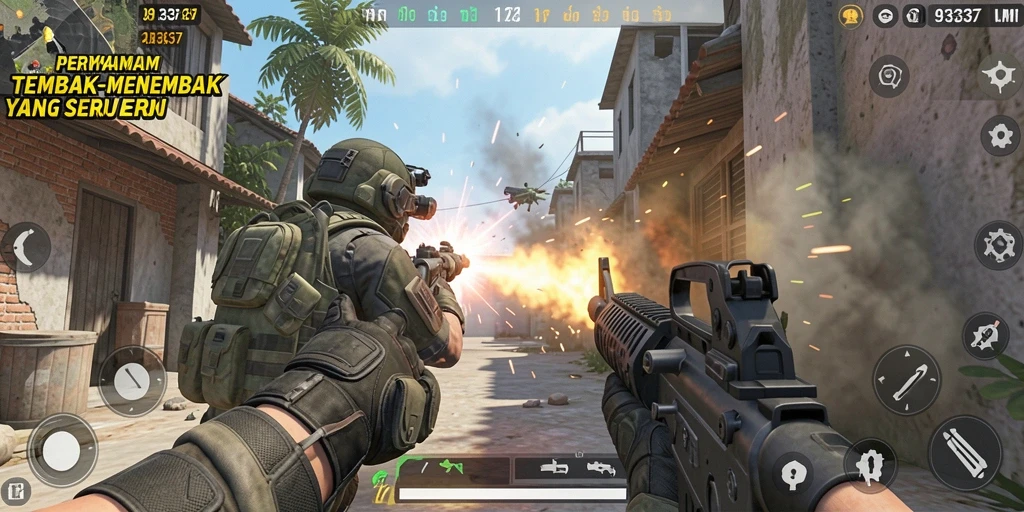 Tampilan gameplay seru dalam 93337 dengan aksi tembak-menembak intens.