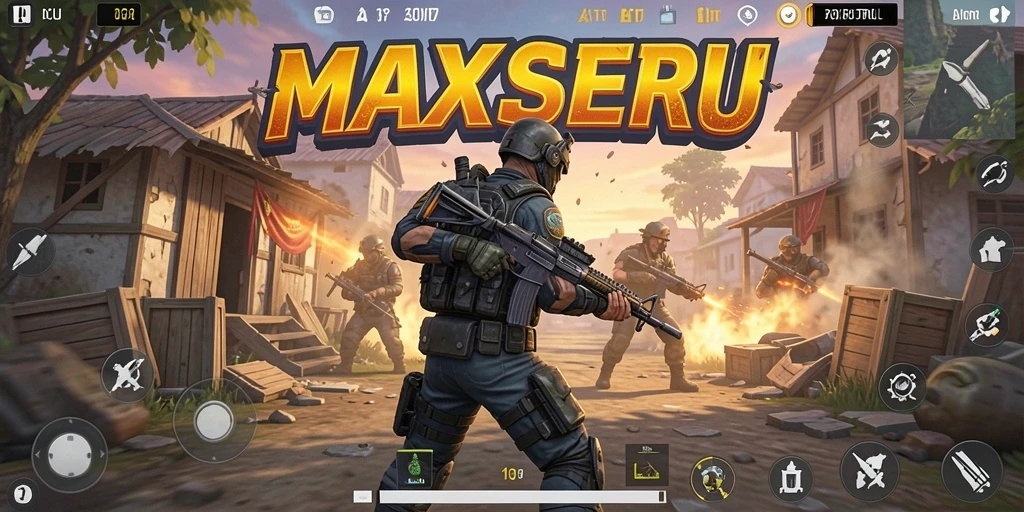 Screenshot gameplay MAXSERU menampilkan pertempuran seru dalam arena Battle Royale.