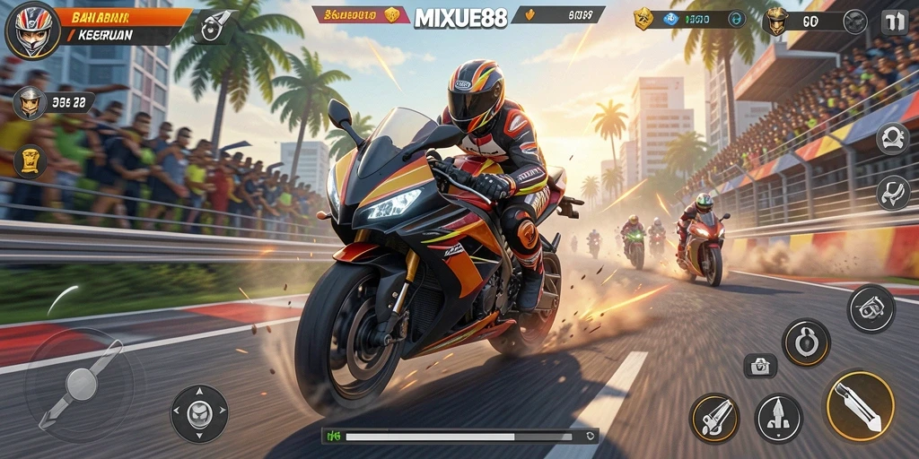 Tampilan gameplay menarik dari permainan balapan motor MIXUE88.
