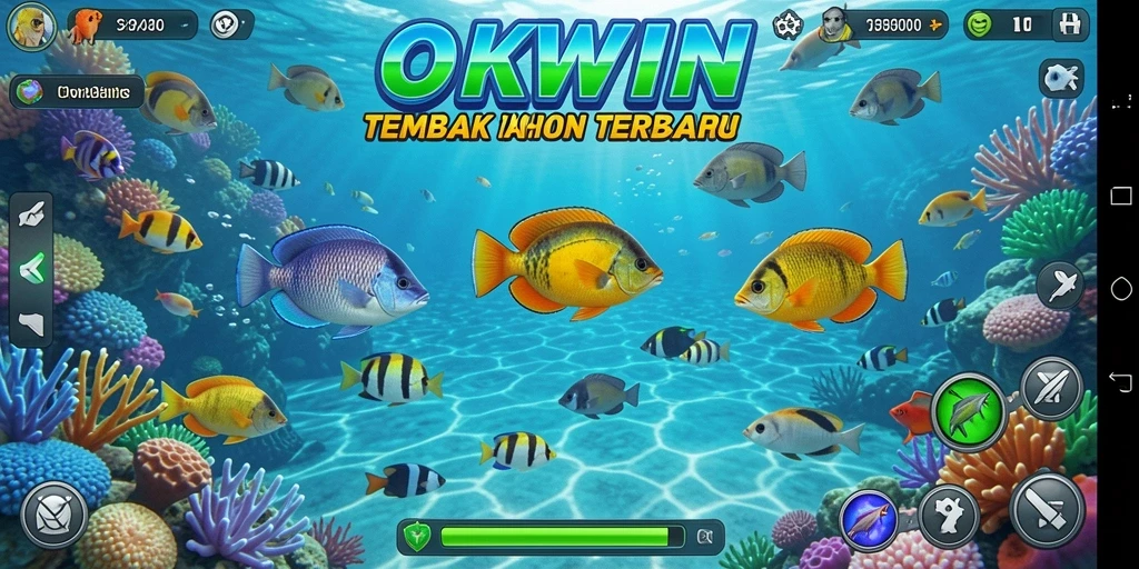Screenshot gameplay OKWIN yang menunjukkan aksi menembak ikan yang seru.