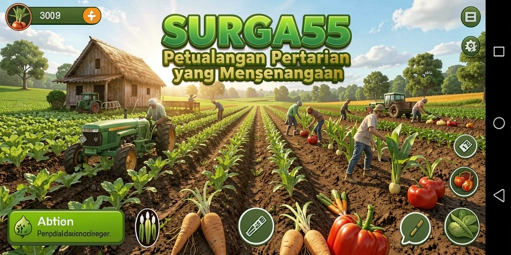 Screenshot utama SURGA55 menampilkan kebun yang berwarna-warni dan aktif.